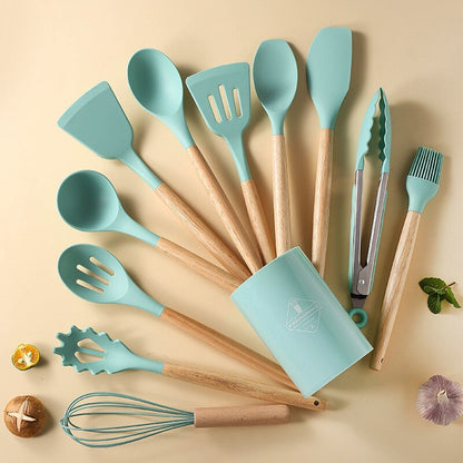 Wooden Handle Spoons With Storage Bucket